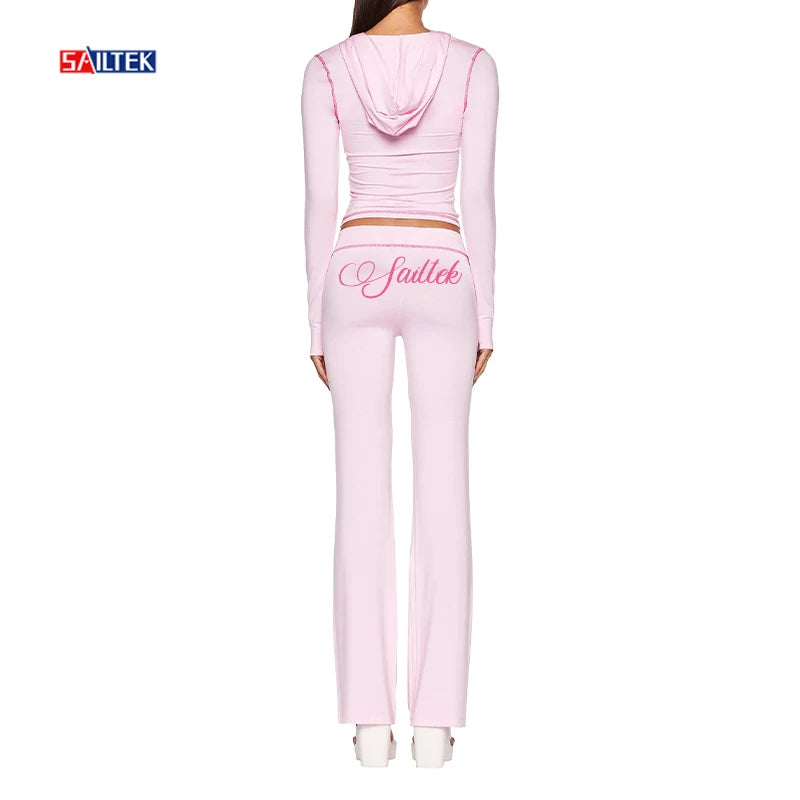 Custom logo Loungewear Women Sets Knitted Cotton Two Piece Long Sleeve Cropped Hoodie and Pants Set for Ladies
