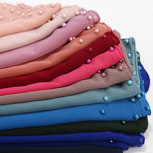 Muslim Turban Pearl Chiffon Nail Co Color Chiffon Pearl Ladies Cotton Headscarf Hijab Women Muslim