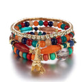 Men's Women's Bohemian Style Gold Plated Tennis Chain Bracelet Tower Pendant Colorful Crystal Beads Stretch Bracelet Set Rhodium