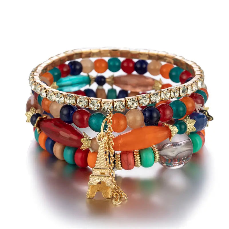 Men's Women's Bohemian Style Gold Plated Tennis Chain Bracelet Tower Pendant Colorful Crystal Beads Stretch Bracelet Set Rhodium