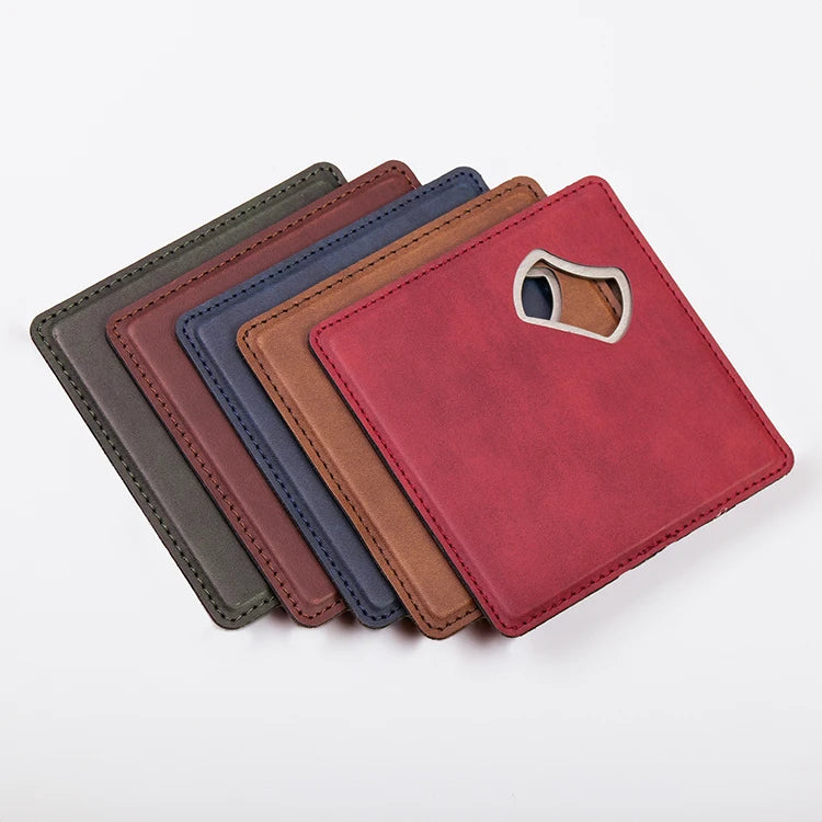 Personalized Square Stainless Steel Bottle Opener High Quality Laserable Leatherette Square Coaster Bottle Opener