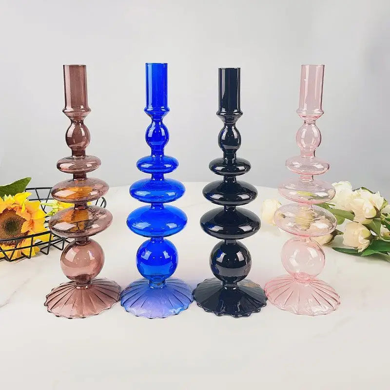Custom Made Hand Blown Colored Striped Surface Bubble Shape Glass Taper Candlestick Holders for Home Decoration