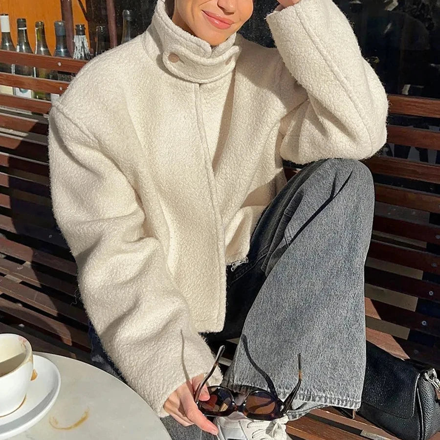 Enyami Winter Collection Christmas Casual Teddy Jackets Fleece Coat Warm Stand Collar Long Sleeves Women Zip up Cropped Jackets