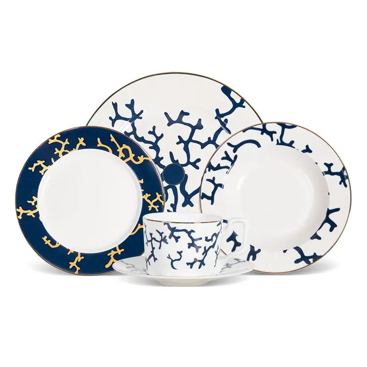 Royal Blue Bone China Dinnerware Set Porcelain Dinner Plates Set with Ceramic Cup Saucer for Home and Restaurant