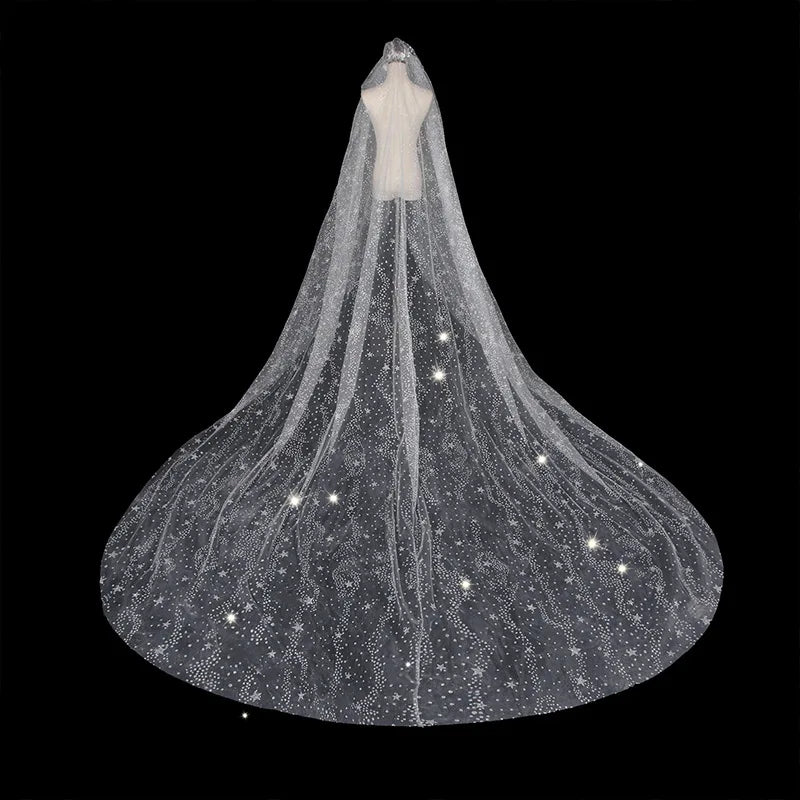 S7736F High -quality Hot Sales Light Luxury Bright Long Mop Bride Married Long Lace Printed Bridal Veils Elegant