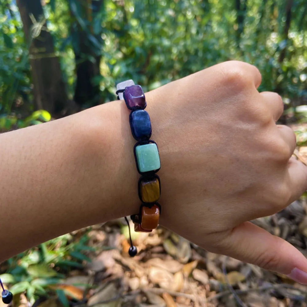 Fashion Natural 7 Chakras Gem Rectangle Stone Beads Beaded Adjustable Healing Energy Yoga Bracelet Jewelry