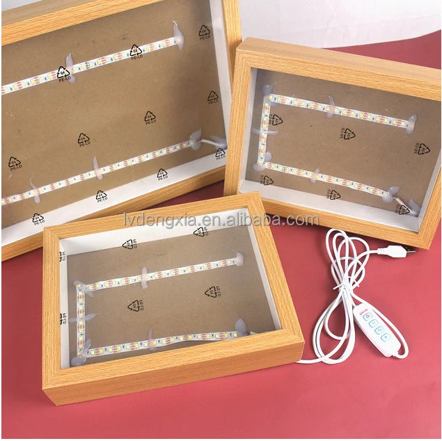 Customize A4 Wooden Box LED Strip Lights Digital Photos Eco-friendly 3D Light Box LED Shadow Box Frame