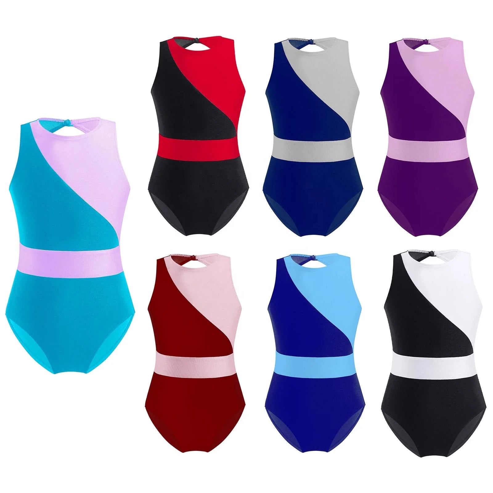 Girls Stylish Cotton Sleeveless Mesh Splice Hollow Back Gymnastic Leotard Ballet Dance Training Jumpsuit