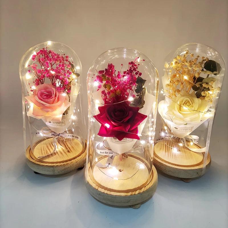 Home Decoration LED Light Artificial Rose Flower Glass Dome Elegant Gift for Graduation & Wedding OEM Wholesale Factory Direct