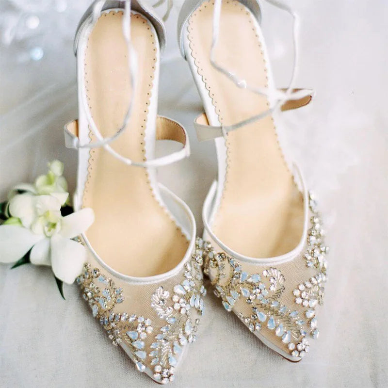 Elegant White Women's High Heel Wedding Sandals Custom Logo Simple Style Bride Shoes Rubber Point Toe Leather Outdoor Heeled