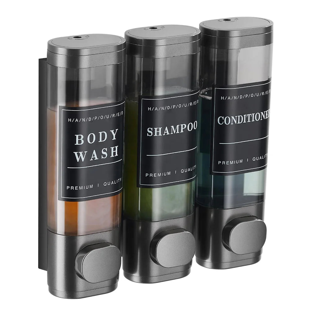 Large Capacity Dark Gray 3-Chamber Wall-Mounted Shampoo Conditioner Dispenser Shower Soap Dispenser for Bathroom Hotel No Drill