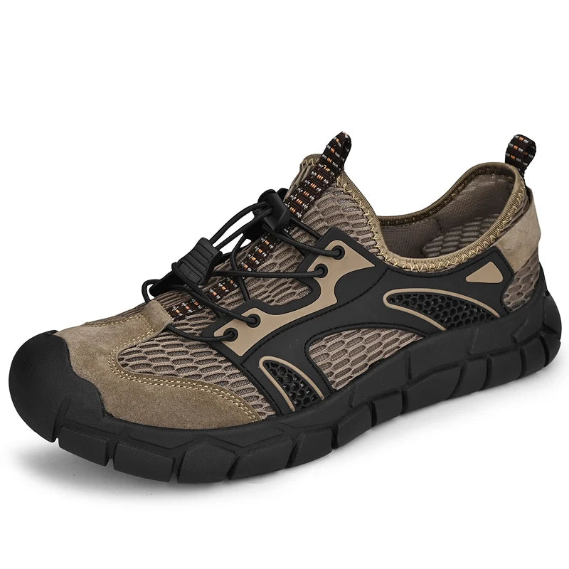 Factory Supply Custom LOGO Genuine Leather Mesh Upper Breathable Hand Made Sewing Men Cool Summer Casual Aqua Shoes