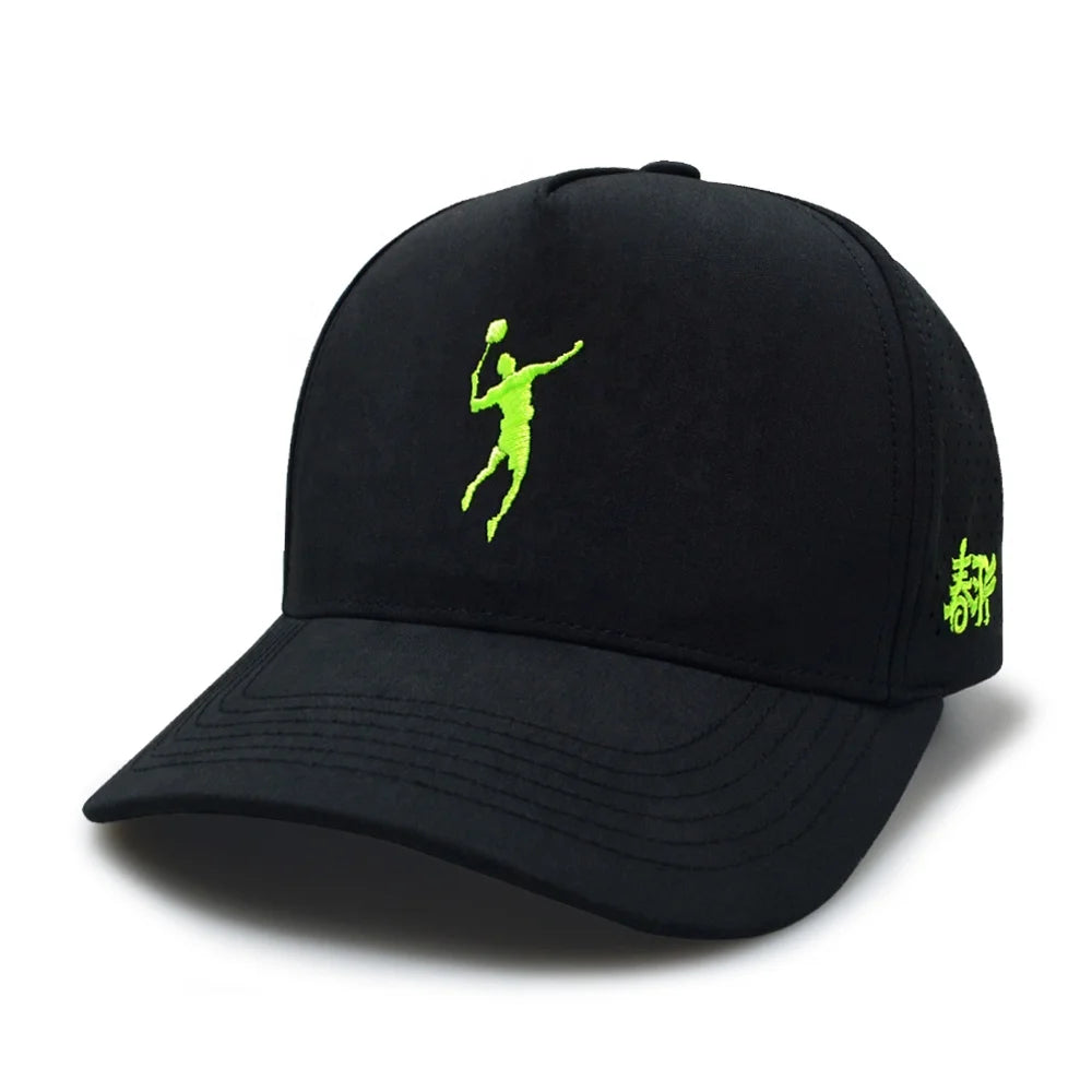 5 Panel Sports Hats Quick Dry Custom Waterproof PVC Patch Front Logo Back Laser Cut Holes Perforated Baseball Hat 100% Polyester