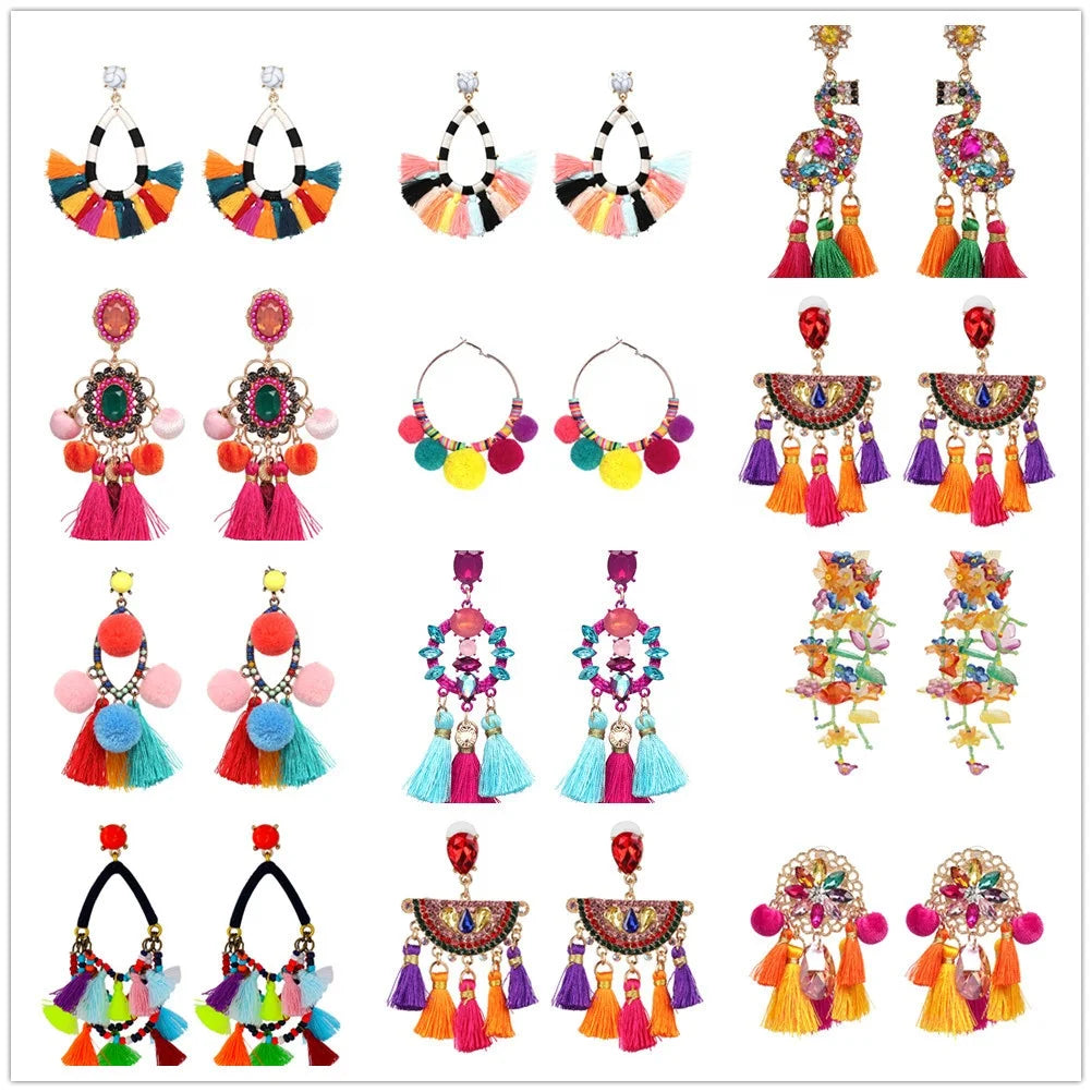 Fashion Jewelry 20 Designs Cross-border Wish Bohemian Tassel Stud Earrings Silk Thread Ethnic Fashion Pompom Geometric Party
