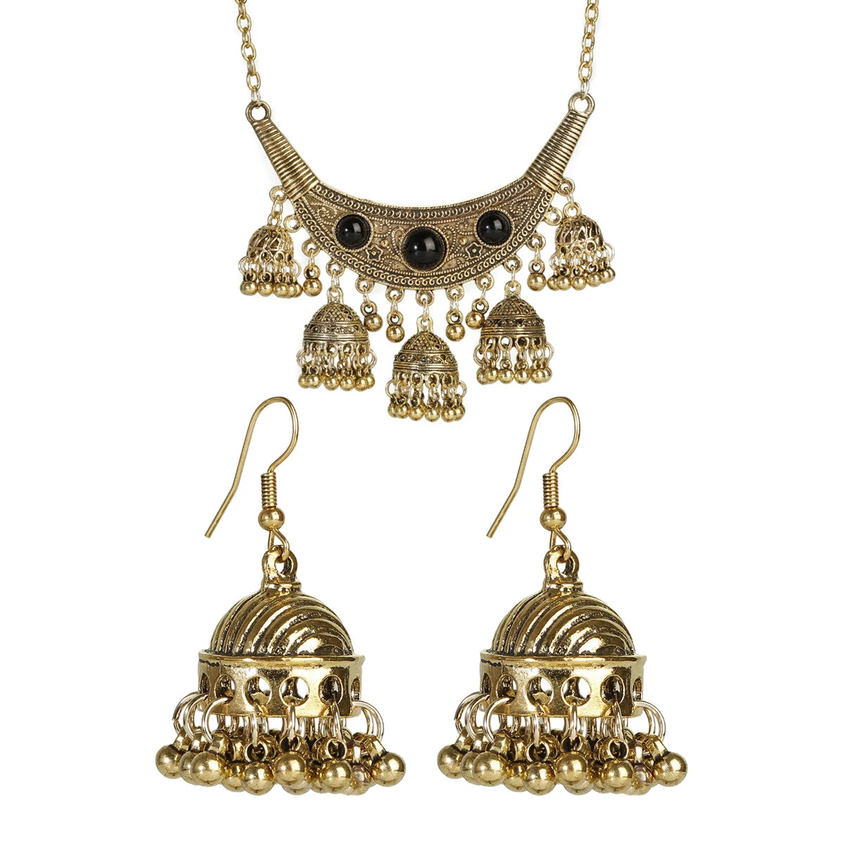 Vintage Ethnic Black Gold Bell Turkish Stud Earrings Women Gypsy Fantasy Necklace Set Indian Wedding Engagement Party Jewelry