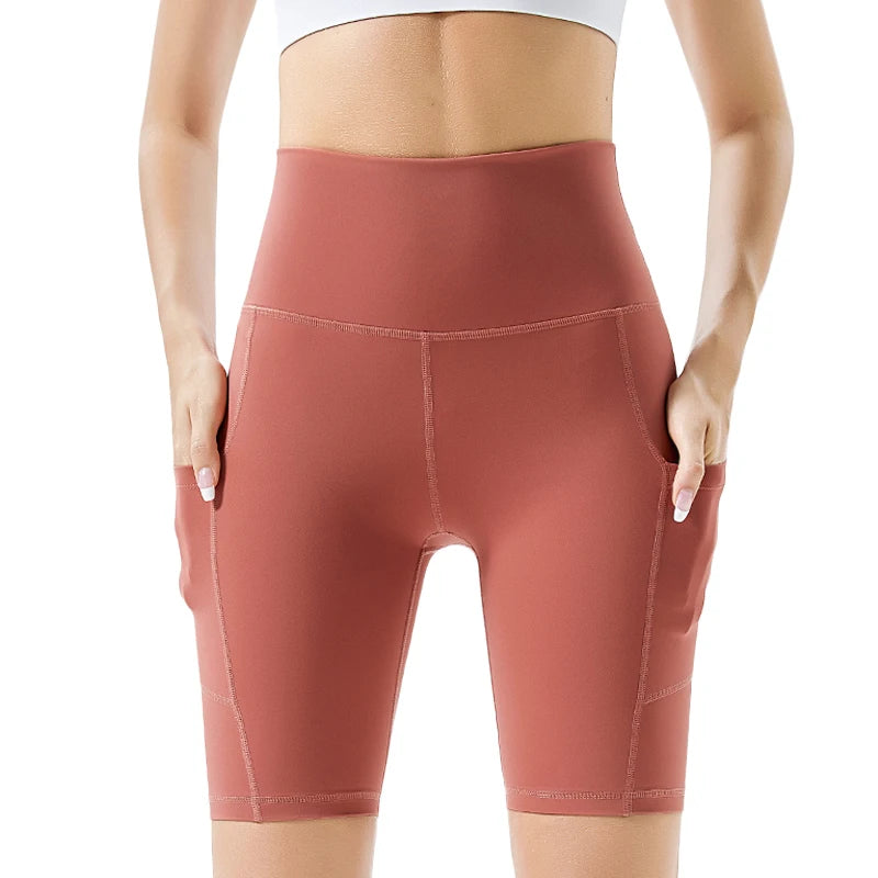 FLW Women's Solid Color Gym Yoga Shorts Workout Fitness Sports Shorts with Side Pockets Four-Way Stretch Breathable Quick Dry