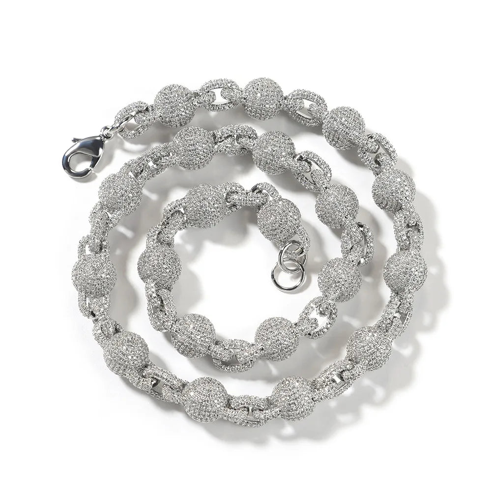 European American New Fashion 10mm Full CZ Micro Inlaid AAAAA Bead Ball Chain Necklace Bracelet Hip Hop Style Gift Silver