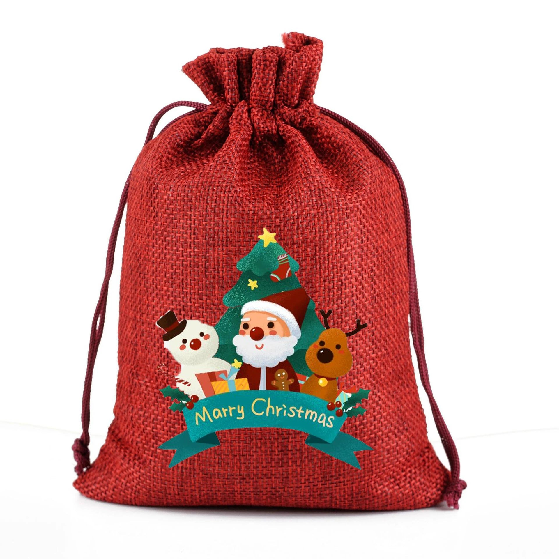 Mini Christmas Bulk Gift Bags with Christmas Bell Snowman Theme Jute Pull Rope Cotton Sweet Bags for Party Celebrations