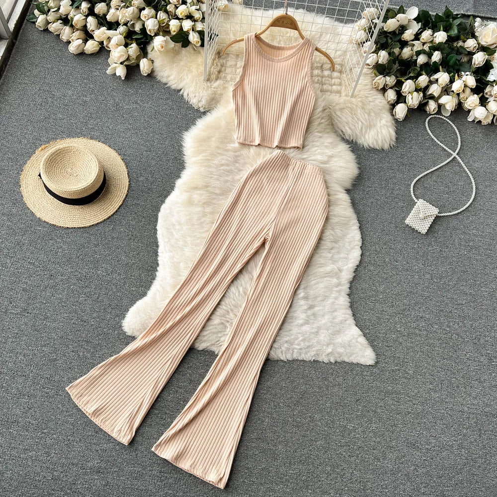 New Knit Suit Short Sleeveless Top Women's High-waisted Trousers Flared Pants Two-piece Set