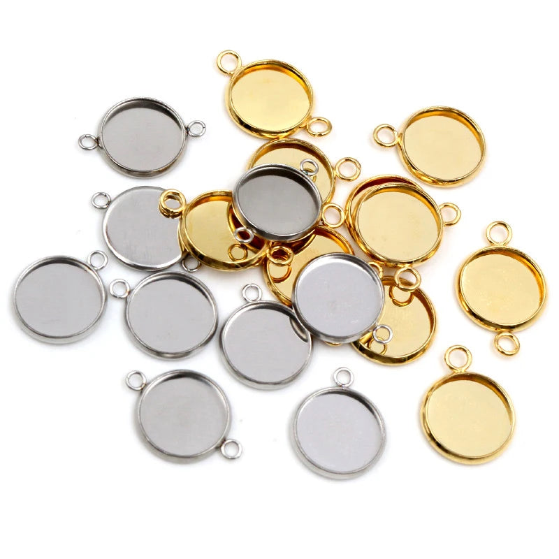 20pcs 12mm Inner Size Stainless Steel Gold Plated Single/Double Loop Style Cabochon Base Cameo Setting Charms Pendant Tray