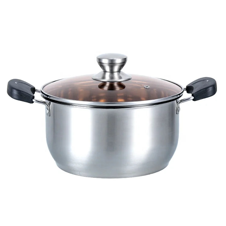 Minimalist Stainless Steel Soup Pot with Round Bottom Glass Lid Kitchen Cookware for Milk Eco-Friendly Metal Pot with Handle