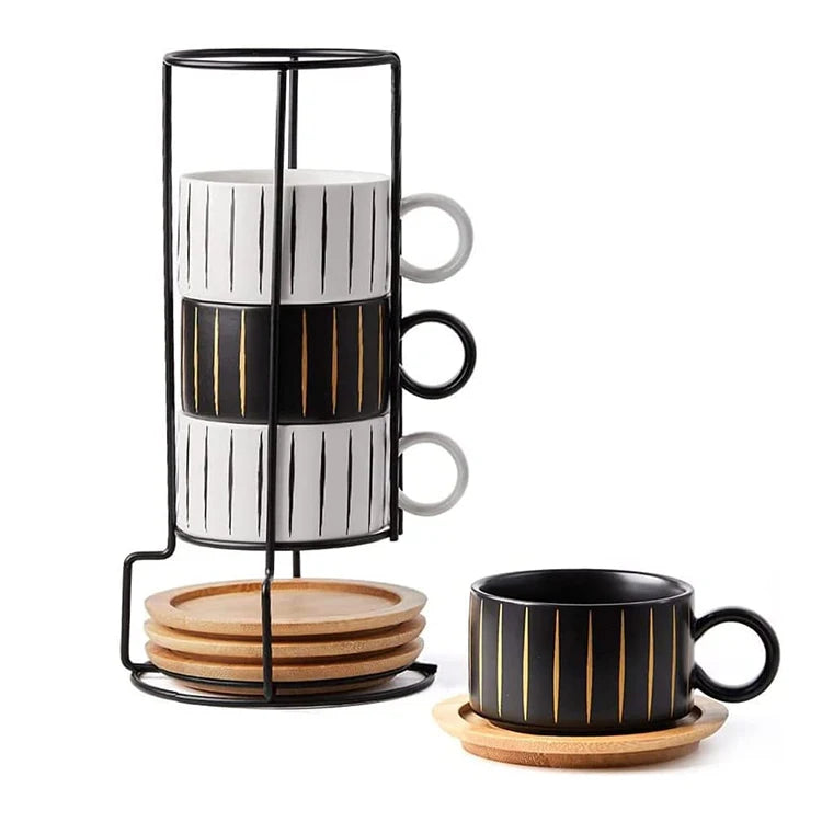 Wholesale Nordic Black White Marble 6 oz Stacking Ceramic Mugs Espresso Mug Cappuccino Cup Set with Bamboo Holder