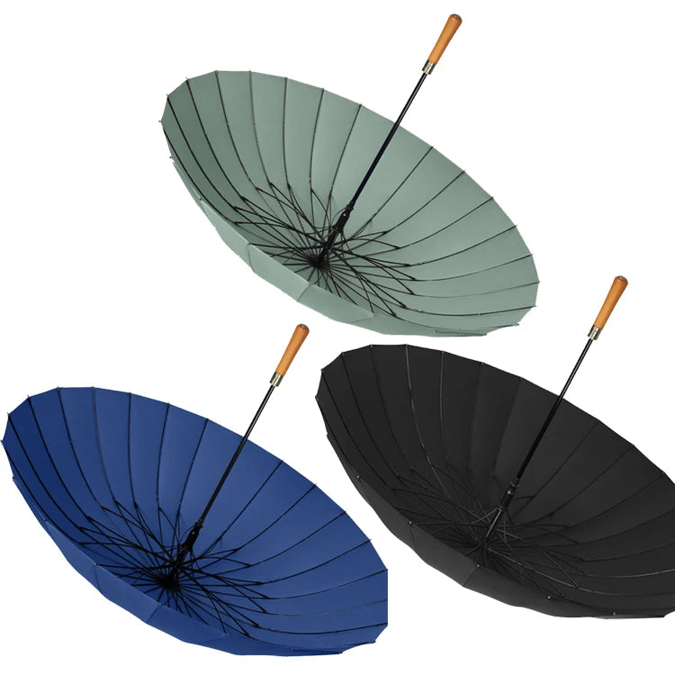 5 Color Women's and Mens 24K Windproof Fiberglass Straight Umbrella Wooden Handle  All-in-One Function Automatic Open Umbrella