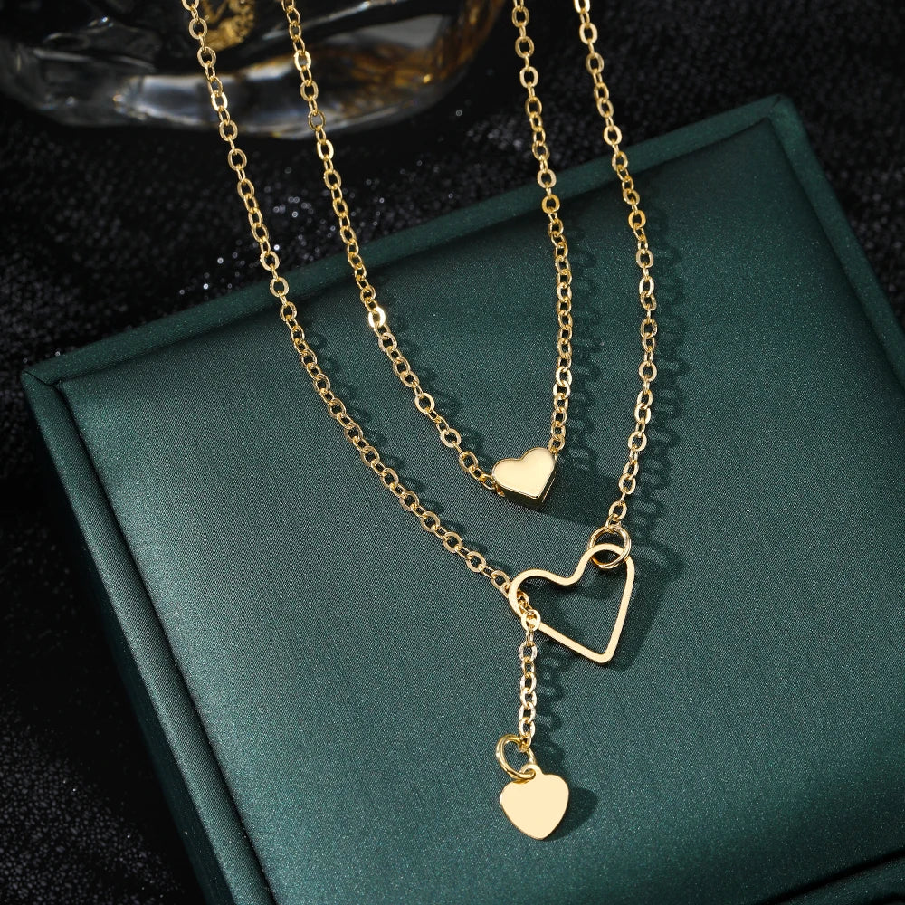 Fashion New Design Gold Color Heart Pendant Double Layer Necklace for Women Jewelry