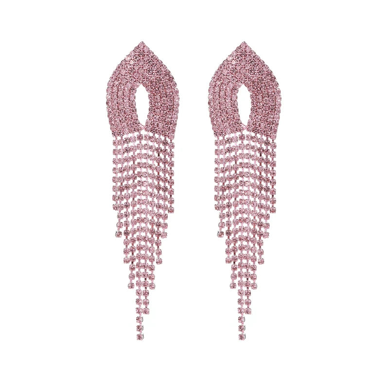 Sparkly Rhinestone Tassel Chandelier Teardrop Dangle Earrings Trendy Non-Pierced Prom Jewelry for Brides and Bridesmaids