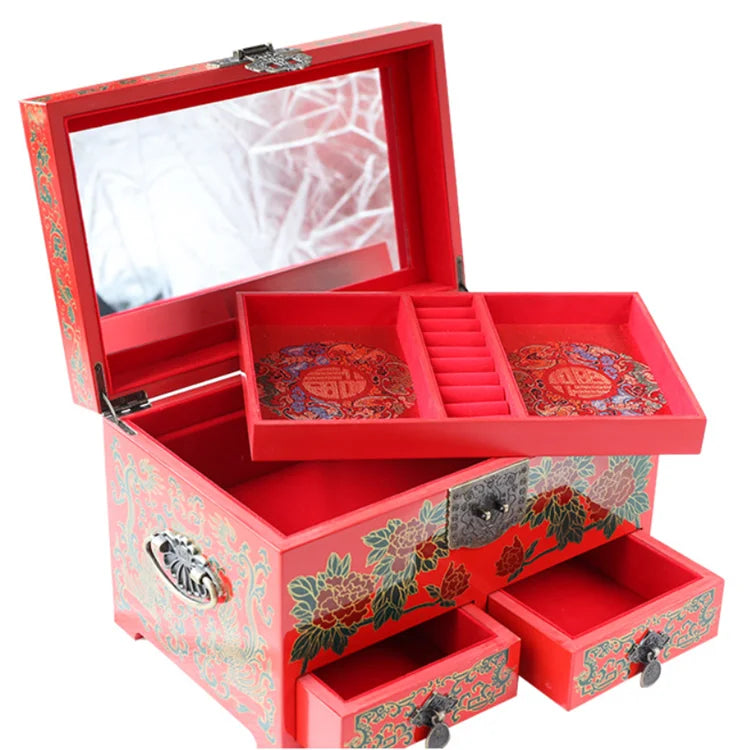 High Quality Hand-painted Lacquerware Wooden Jewelry Box case Package Inlaid Wedding Gift Chinese Wooden Jewelry Box