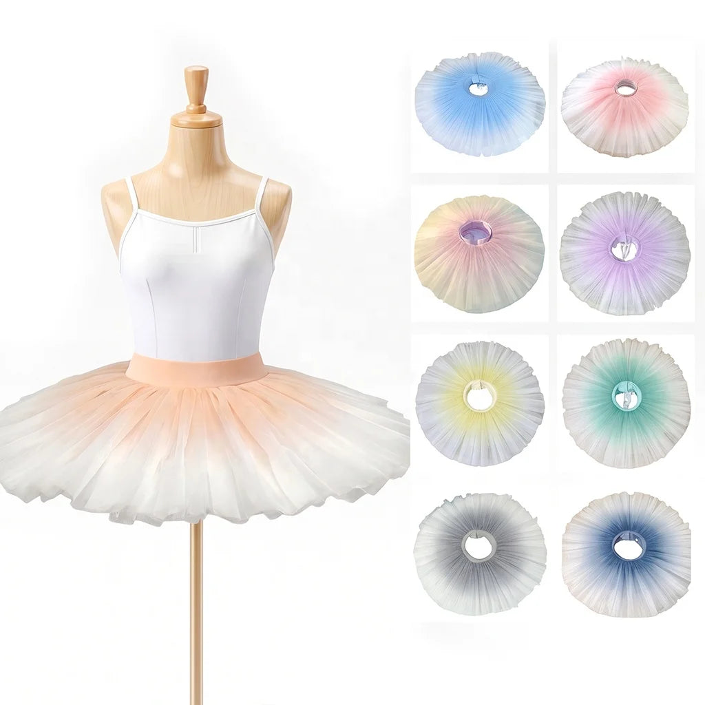 Classic 5-7 Layer Hard Gauze Pancake Tulle Tutu Gradient Coloured Practicing Ballet Half Tutu Skirt Dance Wear with Extender
