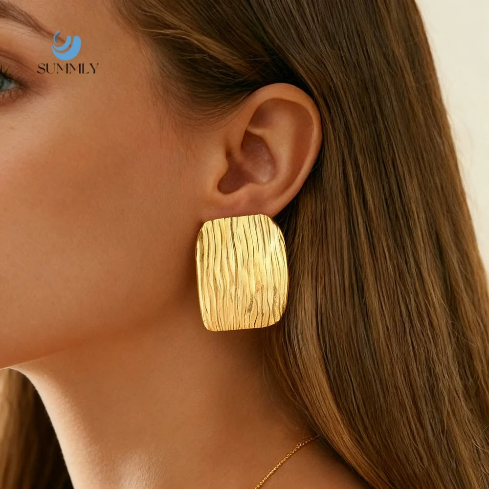 SUMMLY Trendy Wholesale Classic Square Vertical Stripes 18K Gold Plated Stainless Steel Stud Earrings Fashion Jewelry