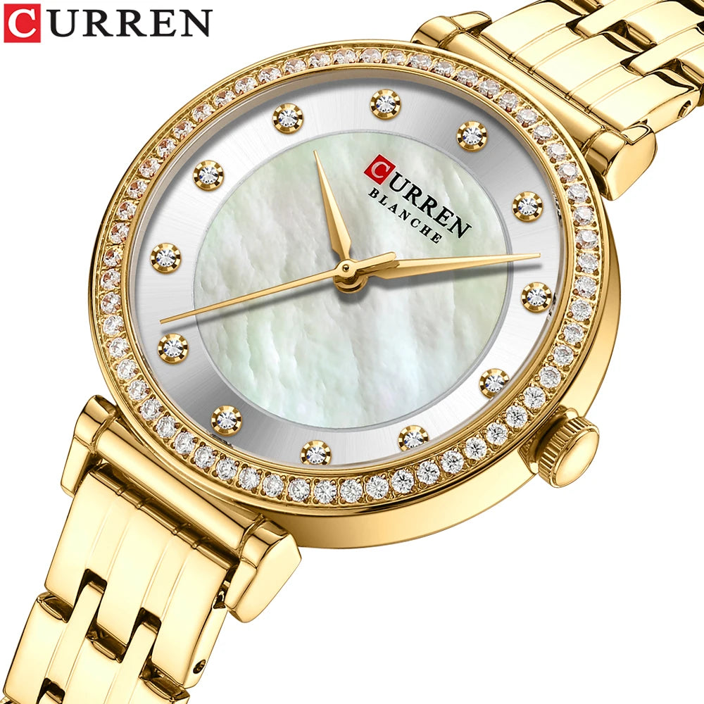 CURREN 9087 New Simple Elegant Quartz Watch for Women Shell Dial with Rhinestones Silver Rose Stainless Steel Band Wife Gift
