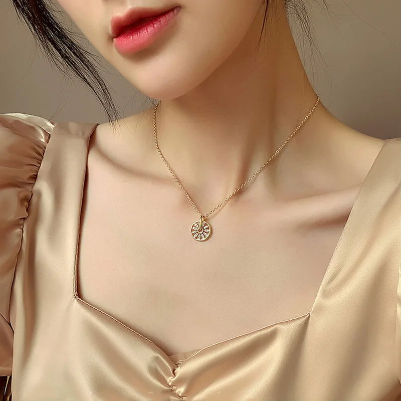 Korean Style Sunflower Simple Zircon Necklace for Women Chains Gold Plated Necklaces Accessories Jewelry