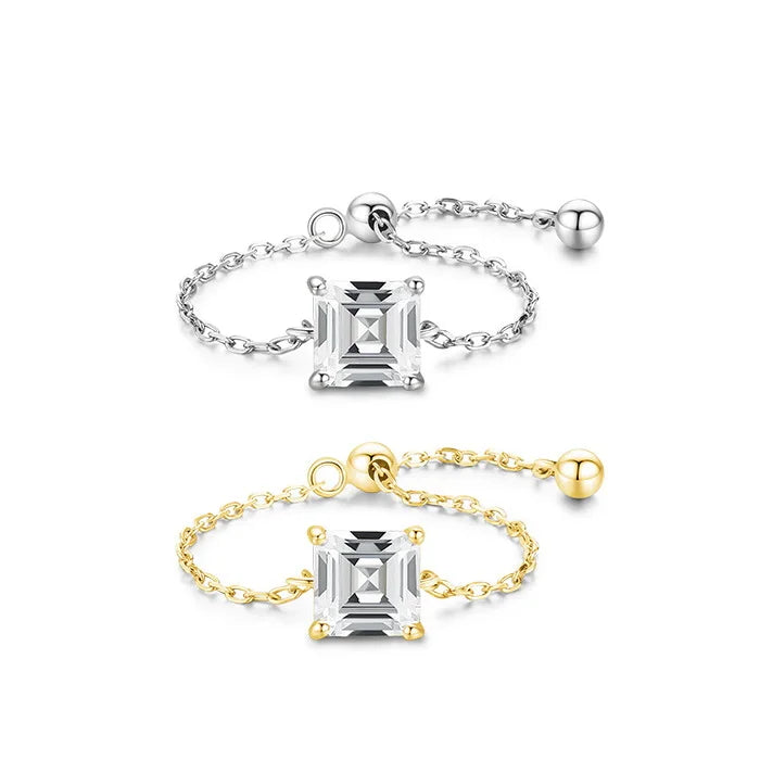 Simple S925 Silver Adjustable Chain Square Zircon Claw Geometric Stone Ring with Oval Cut Diamond for Weddings