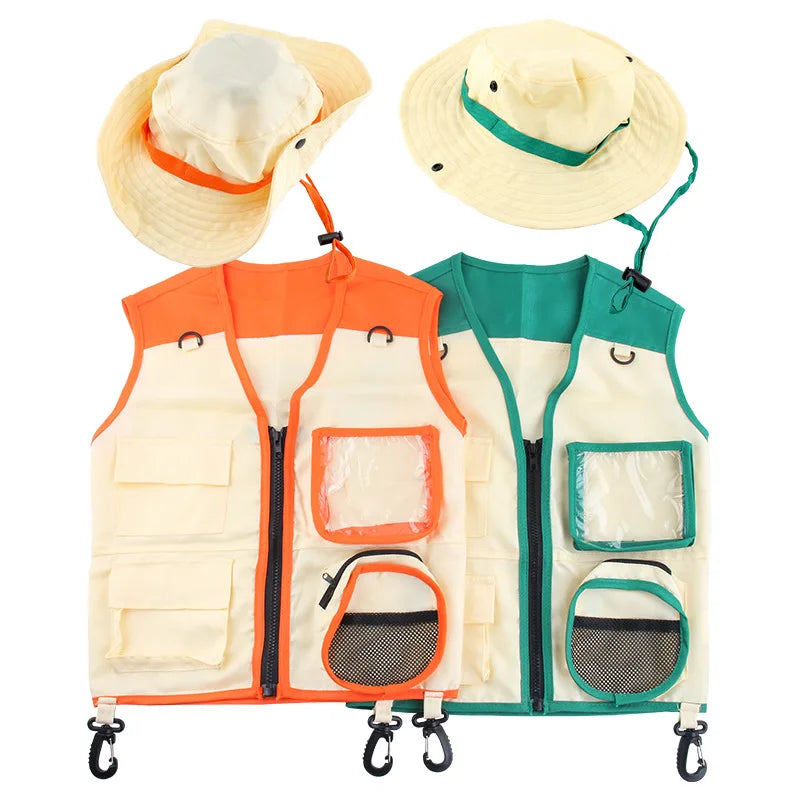Outdoor Explore Kit Kid Vest and Hat Set Adventure Kits Premium Explore Safari Costume Cargo for Boys Girls Toy