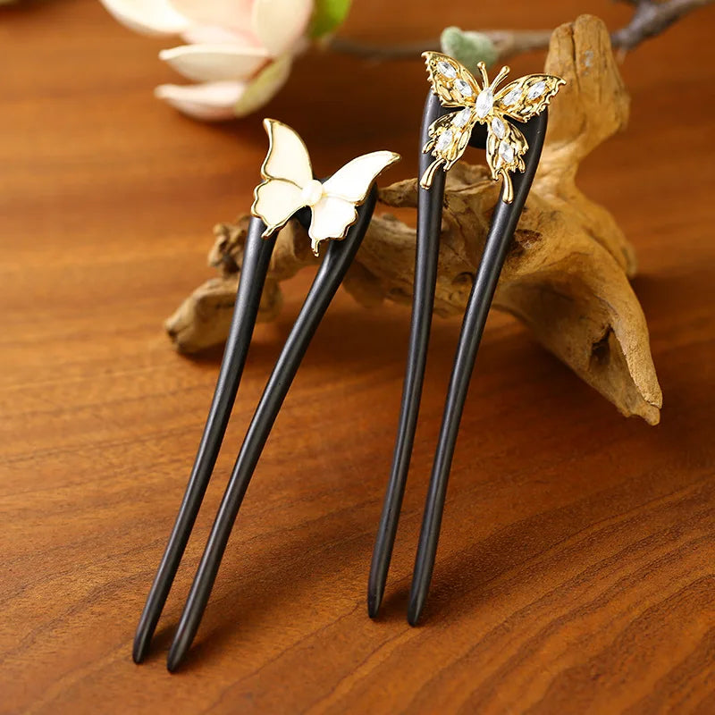 Chinese U-Shape Butterfly Hair Stick Antique Freshwater Pearl butterfly Hairpin Ebony Hairpin U-shaped Hanfu Cheongsam Headdress