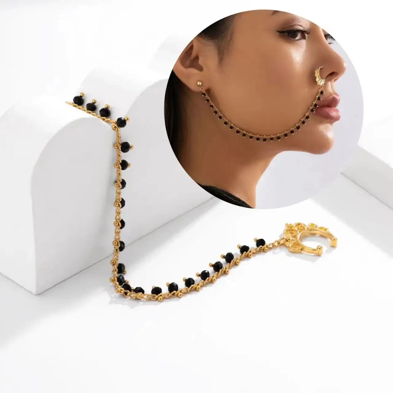Gaby Ethnic Style Crystal Nose Piercing Tassel Integrated Earring Nose Ring Sweet Cool Metal Dangled Nose Piercing