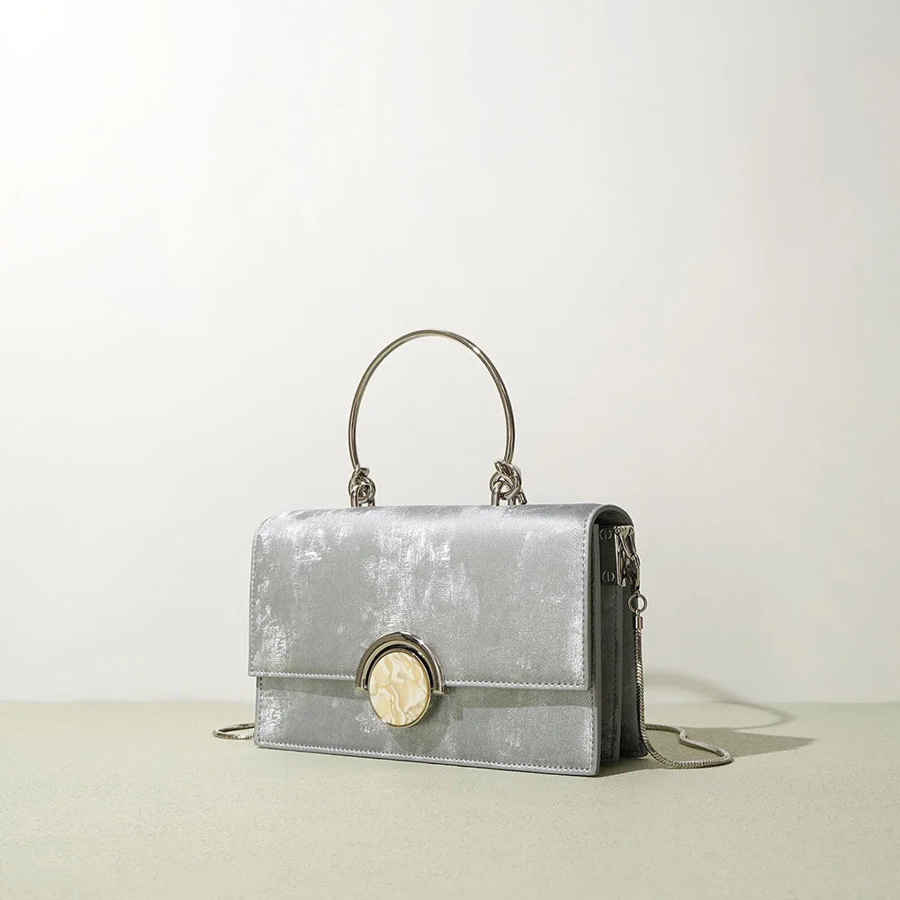Luxury Metallic Silver Genuine Leather Handbag for Women Designer Flap Crossbody Bag Elegant Evening Party Clutch Purse