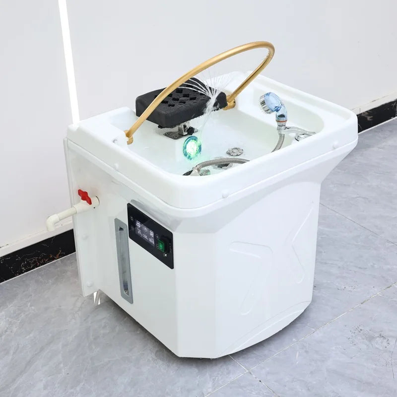 Professional Hair Washing Portable White Shampoo Sink Bowl with Spa Head Water Circulation Therapy and 60L Water Storage