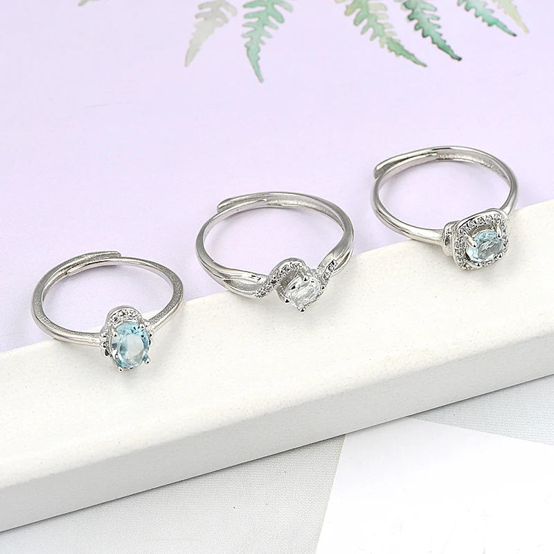 Exquisite 5mm 5*7mm Brass Gem Stone Crystal Rings Natural Blue Topaz Crystal Stone Ring