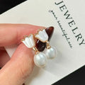 Natural Strong Light Sea Shell Inlaid Tulip Drop Earrings 6-7mm White Freshwater Rice Shaped Pearl 18K Gold Plated Luxury