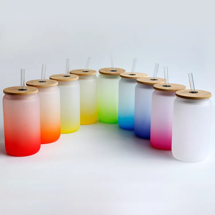 Wholesale Gradient 16 oz Sublimation Glass Cans With Bamboo Lid and Straw