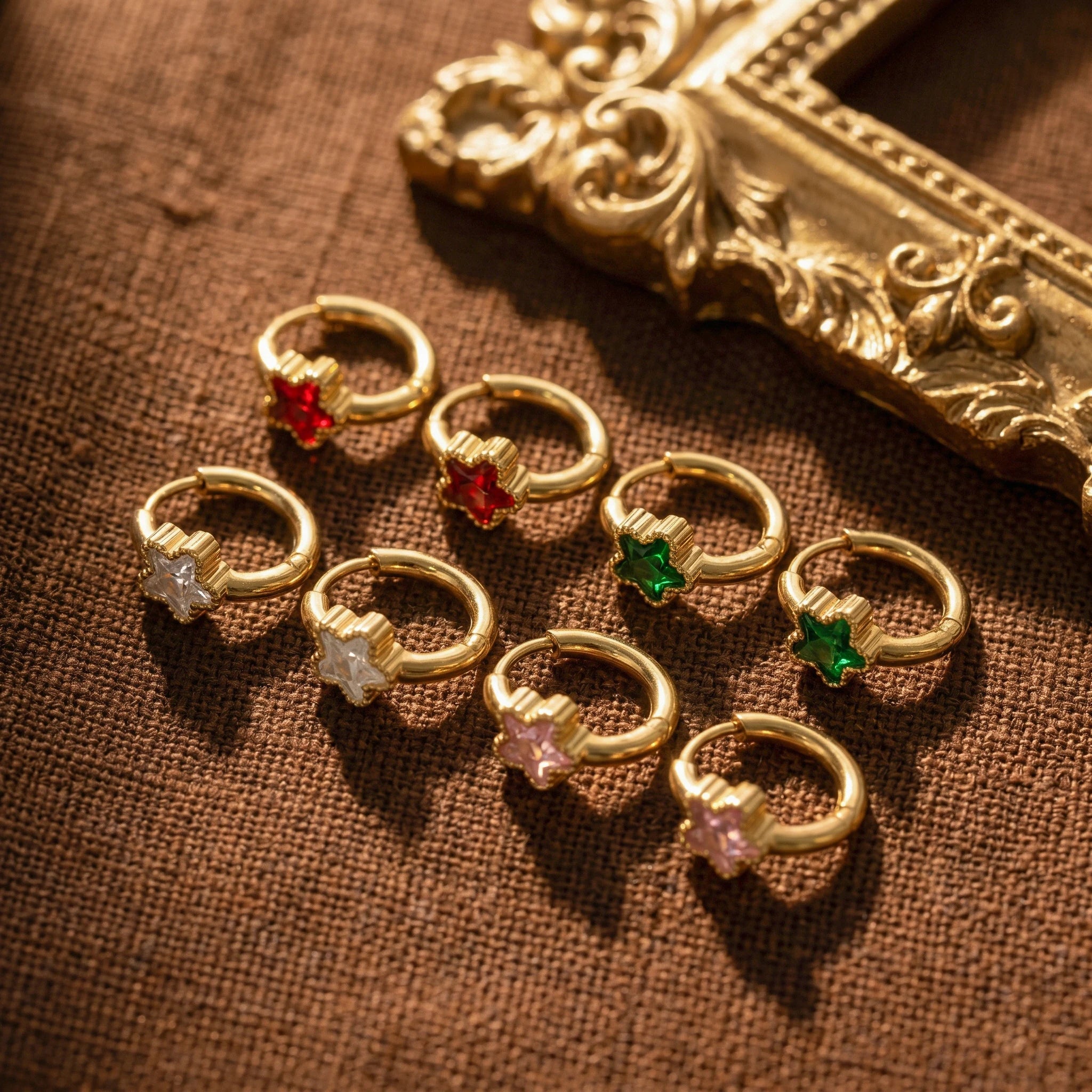 QIAOREN 12145-48Y2K Assorted Colored Star Zircon Stainless Steel Hoop Earrings Gold Beaded Edge Tiny Earring Bulk Supply Europe