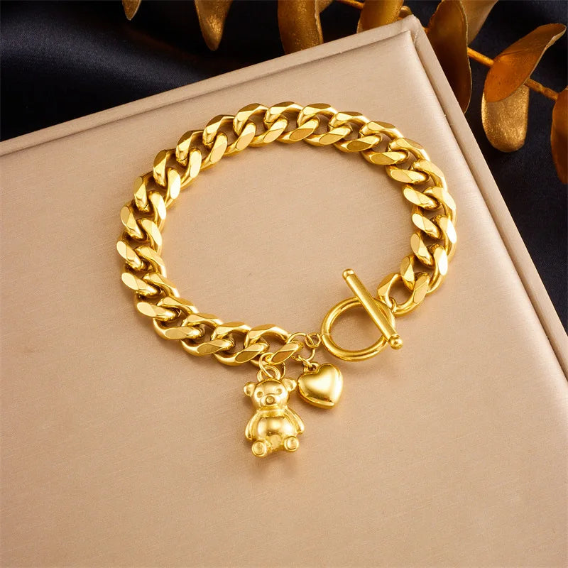 New 18k Gold Plated 316L Stainless Steel Cute Bear Charm Bracelet Adjustable OT Toggle Clasp Bracelet for Women