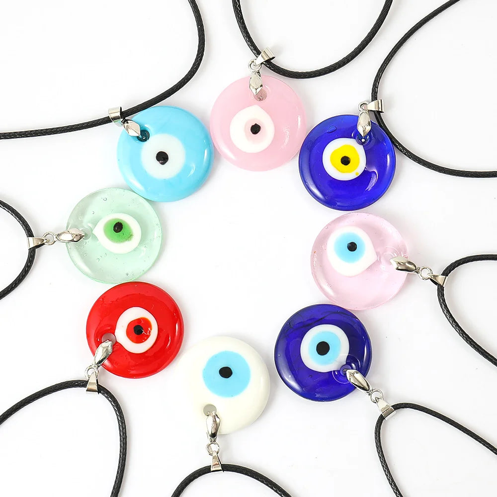 RisingMoon Vintage Enamel Round Turkish Blue Eye Pendant Necklace Black Wax Leather Rope Glasses Evil Eyes Necklaces Wholesale