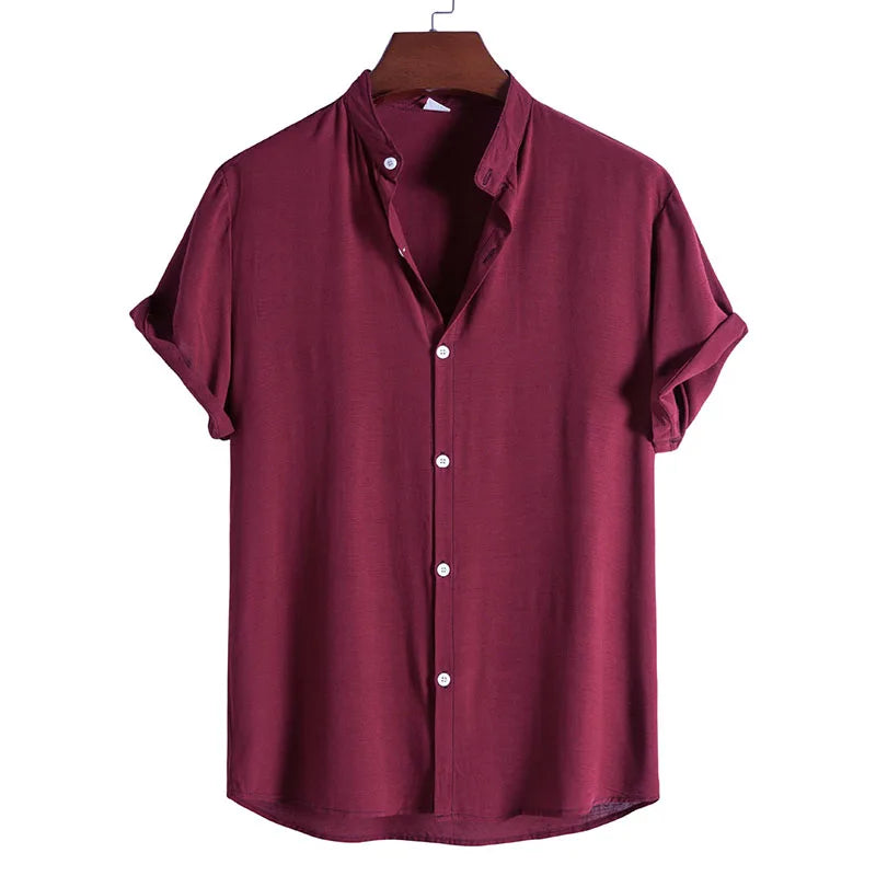 RNSHANGER Summer Men's Plain Shirt Fashion Stand Collar Short Sleeve Solid Color Casual Button-Down Shirts Dress Shirts for Men