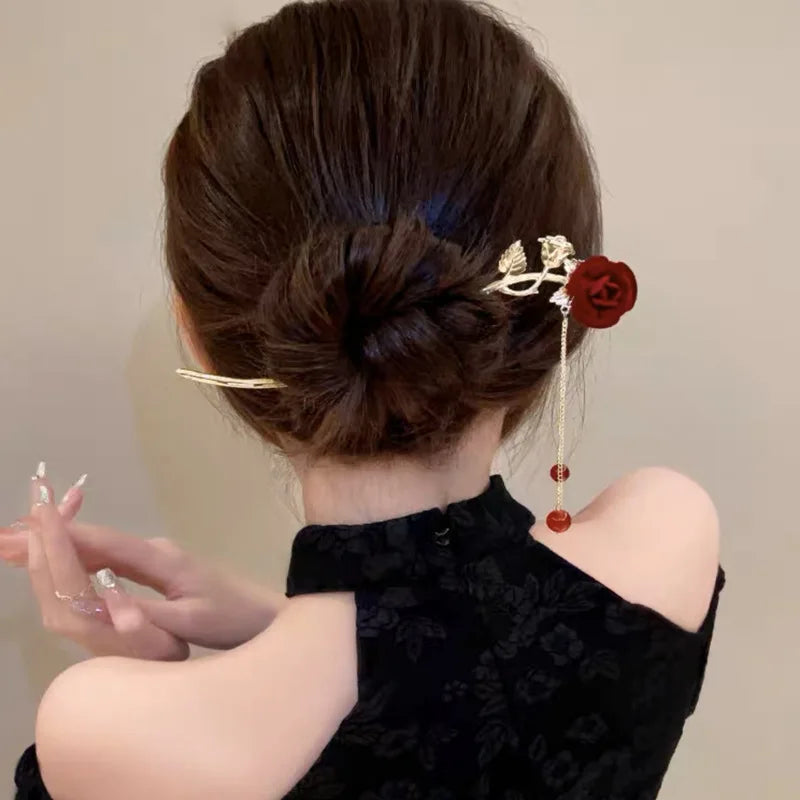 Chinese Style Vintage Handmade Rose Flower Wholesale Bridal Japanese Antique Wedding Hair Accessories Bun Stick Hair Pins