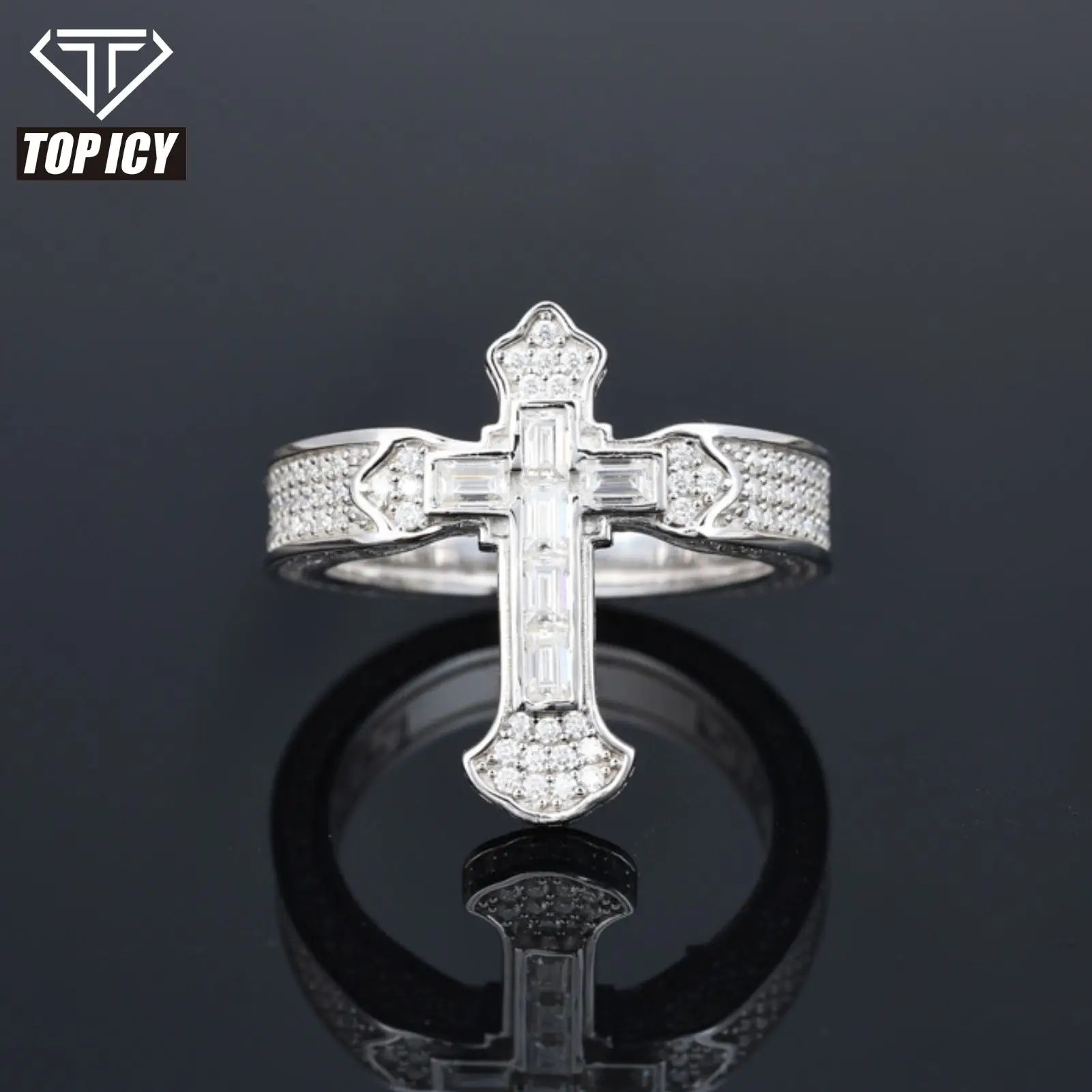Trend Moissanite Ring 925 Sterling Silver Baguette Diamond Cross Ring Iced Out Hip Hop Rappers Cross Jewelry Ring for Man