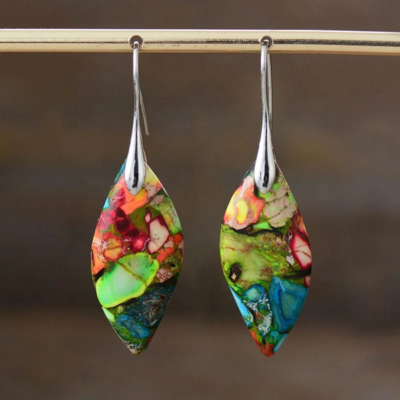 18K Gold Plated Huggie Earrings for Women Chunky Sea Sediment Jasper Gem Stone Jade Colorful Natural Stone Drop Jewelry